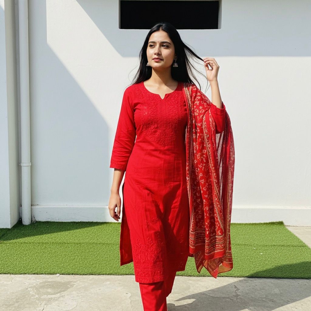 Beautiful Zirakpur Call Girl in a vibrant red traditional outfit, offering high-class escort service.