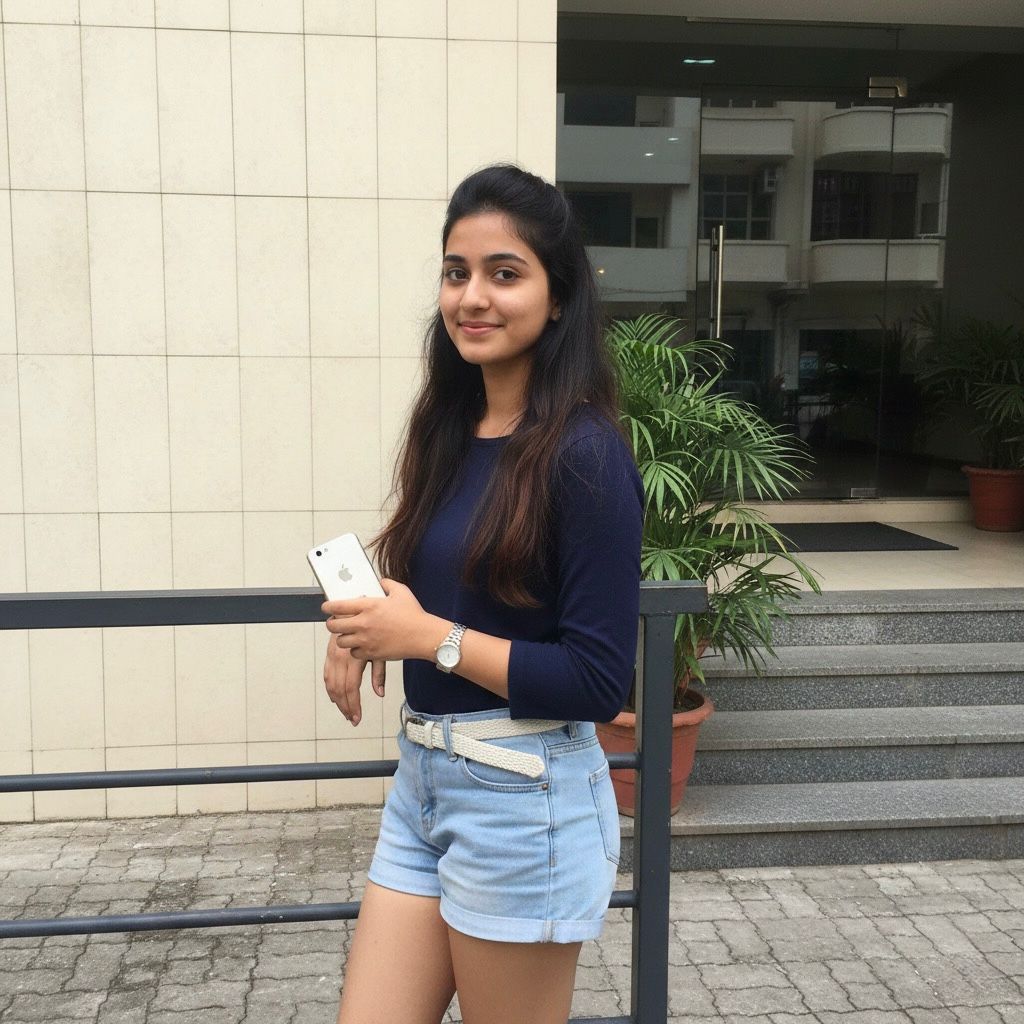 Modern Zirakpur Call Girl companion in shorts and blue top, available for discreet escort service.