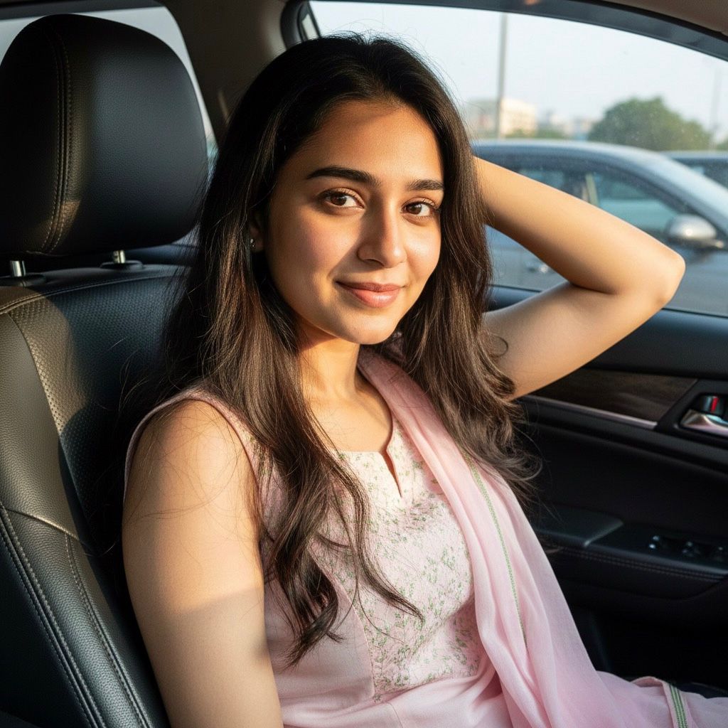 Discreet Zirakpur Call Girl companion in a car, ready for a safe escort service meetup.